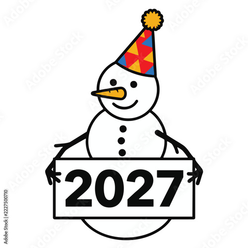Cute cartoon snowman wearing a colorful party hat holding a sign for the year 2027.
