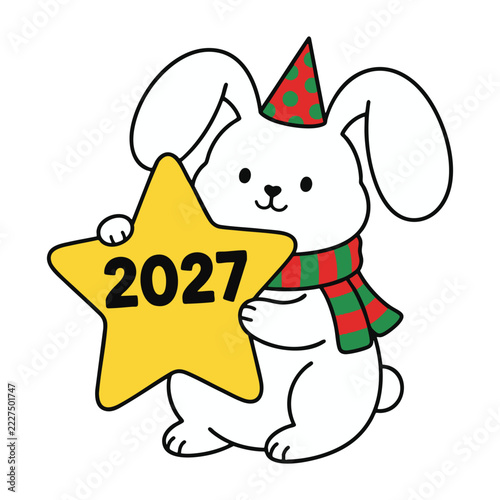 Cute white bunny rabbit wearing a party hat and scarf holding a 2027 star.