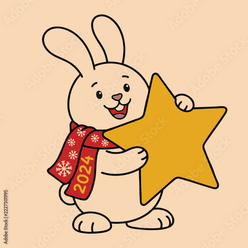 Cute cartoon rabbit wearing a winter scarf holding a golden star for the year 2024.