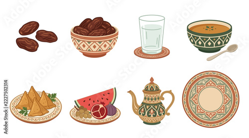 Traditional Middle Eastern foods and beverages appear in this collection showing festive plates for breaking the daily fast during the holy month of Ramadan to honor ancient cultural culinary