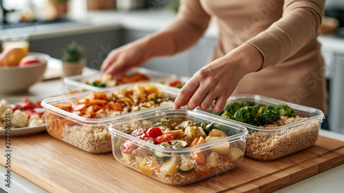 Weekly meal prep, preparing vegetable portions, grains and homemade meals in reusable containers, batch cooking, meal planning, healthy home habits, kitchen organization, time