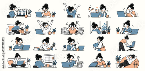 Set of cute girl working from home, remote work lifestyle, freelance activities, various poses and situations, handdrawn illustration style