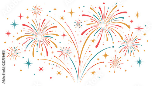 Fireworks on white background, fireworks clipart, vector, illustration for Xmas, new year, holiday, birthday, anniversary, victory, party, carnival, printable banner 