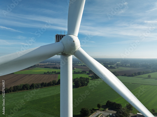 Windpark Waldseite, Gildehaus, Germany - October 2, 2026: Aerial Close-Up Drone Shot of a Vestas Wind Turbine Rotor and Nacelle