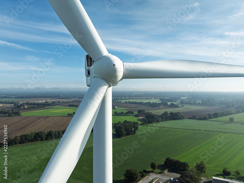 Windpark Waldseite, Gildehaus, Germany - October 2, 2026: Aerial Close-Up Drone Shot of a Vestas Wind Turbine Rotor and Nacelle