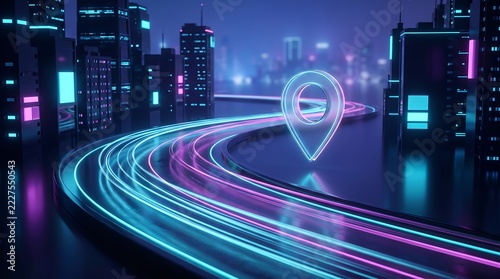 Glowing neon location pin floating above digital highway path winding through futuristic smart city skyline at night representing business growth roadmap and navigation toward corporate success