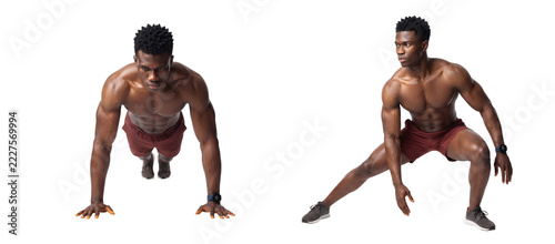 Muscular black athlete doing push ups and side lunge exercises isolated