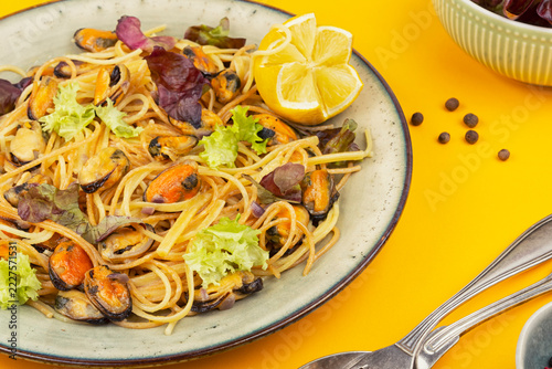Gourmet seafood spaghetti with tender mussels