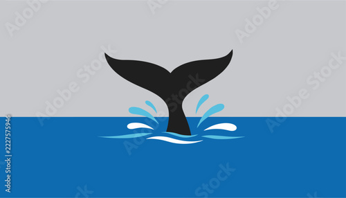 Whale tail fluke splashing out of deep ocean water flat vector illustration representing marine wildlife.