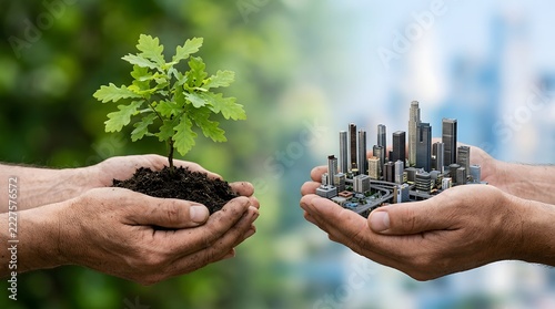 Hands holding a young tree and a miniature cityscape