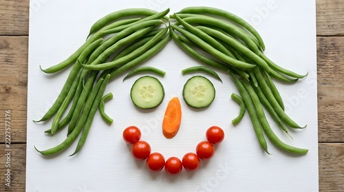 Creative vegetable face art with green beans and cherry tomatoes