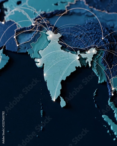 Abstract 3D map of South Asia with glowing light network nodes symbolizing global connectivity