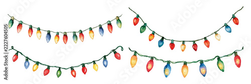 Fotografie Watercolor christmas lights garland set, hand drawing colorful festive bulbs, de