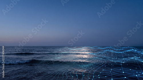 Digital Ocean Wave Monitoring with Glowing Data Network and Contour Lines