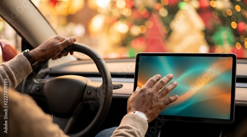 Road tripper touching a car dashboard screen with Christmas market lights beyond the windshield