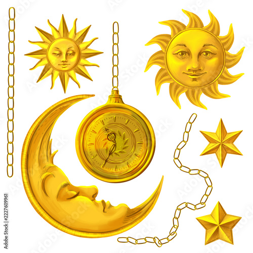 Hand drawn Set with golden Watches with chain and golden Sun, crescent moon and stars