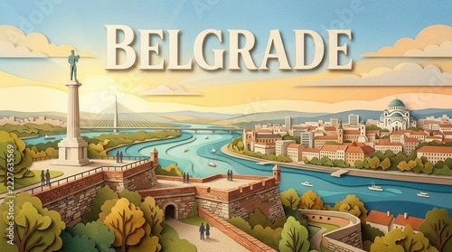 Fresh and Bright Landscape View of Belgrade City in Textured Paper art illustration