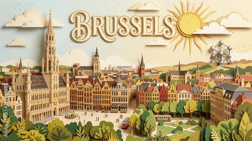 Fresh and Bright Landscape View of Brussels City in Textured Paper art illustration