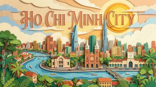 Fresh and Bright Landscape View of Ho Chi Minh City in Textured Paper art illustration