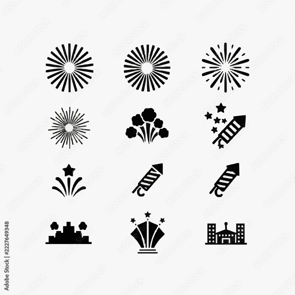 Fototapeta premium Clean Black and White Fireworks Sparklers Firecrackers and Celebration Icons Set with high quality professional line art symbols for modern creative design and digital branding projects