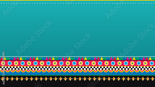 Pakistani truck art turquoise background with layered colorful border stack, colorful desi folk art vector design for wedding, Eid and festive banners