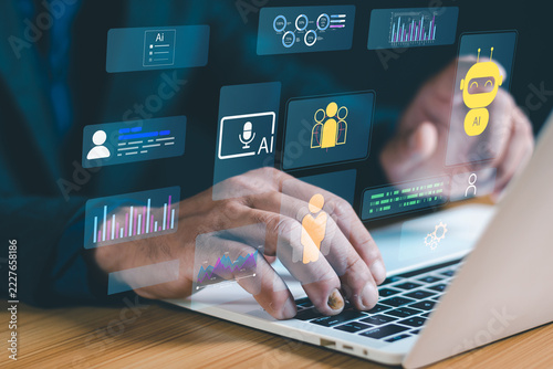 AI Agent and Business Automation Technology with Virtual Dashboard, Artificial Intelligence Assistant and Data Analytics on Laptop