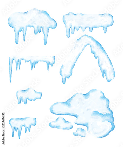 A textured watercolor collection of white and pale blue snow formations with dripping icicles and irregular frozen edges. Suitable for winter stationery, seasonal invitations, greeting cards