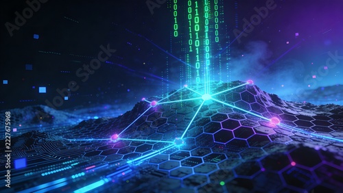 Visual of digital landscape with glowing lines and numbers at night showing data flow in a modern world