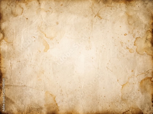 Vintage beige parchment paper background with warm golden brown stains and subtle grunge texture, lighter glowing center fading to darker edges. Aged antique mood, flat composition, large copy space,