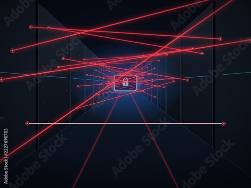 Red laser security grid in a dark corridor guarding a data vault