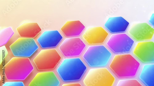 Colorful hexagons form a vibrant, modern pattern. Each cell glows with smooth rainbow hues. The design moves subtly across the screen/