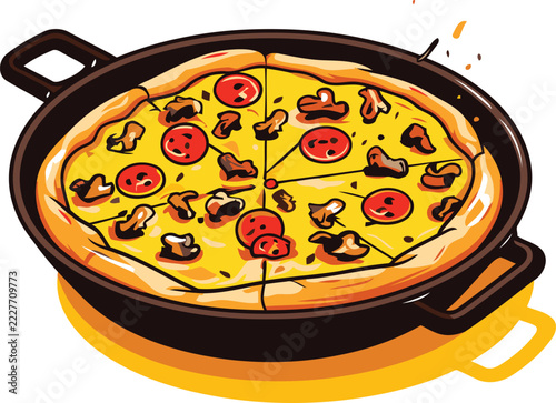 Cartoon pizza in a black skillet with pepperoni and mushrooms vector illustration