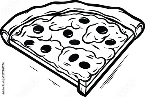 Black and white illustration of a pizza slice with toppings food drawing