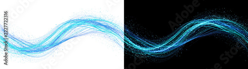 Fotografie Flowing wave of glowing blue and cyan particle lines with sparkling dots for tec