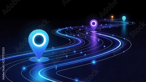 Glowing neon location map pins connected by light paths on a dark background, representing digital navigation, logistics, and global tracking