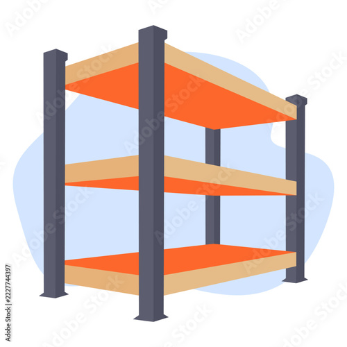Empty Storage Rack with Orange Shelves and Zero Inventory Badge Flat Color Vector Illustration