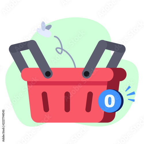 Empty Red Shopping Basket with Zero Notification Badge Flat Color Vector Illustration