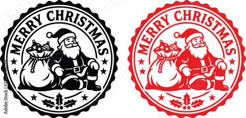 Merry christmas label set featuring santa claus and a gift bag presents illustration seasonal celebration december greetings