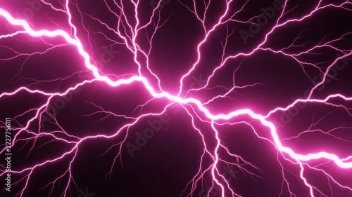 Bright pink lightning bolts flash outwards from center on black background, abstract energy discharge, powerful electric phenomenon, high voltage spark storm motion footage.