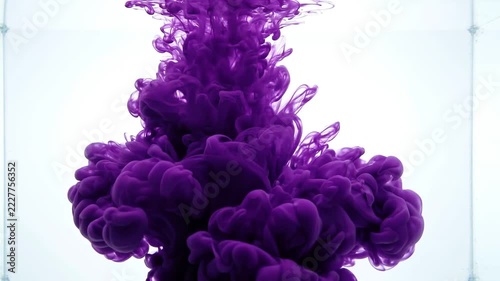 Deep purple ink cloud blooming in clear water, abstract swirling motion, slow diffusion, vibrant color splash, isolated on white background, high-speed footage, elegant liquid art.