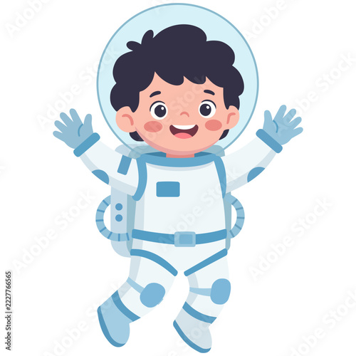 Cute boy astronaut character floating in outer space suit vector illustration isolated on white background.