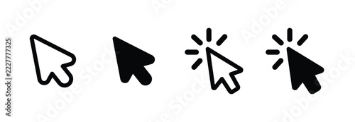 Mouse cursor click arrow icon set, featuring linear outline and filled black pointer symbols with click action lines, vector illustration