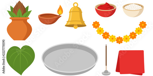 Hindu puja samagri icons set with kalash, diya, bell, flower garland, and ritual items