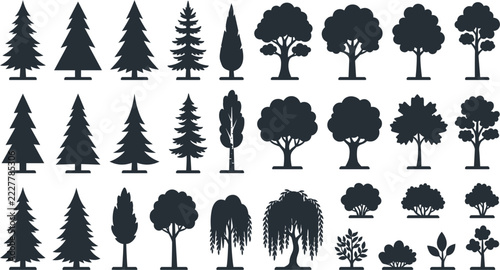 Black tree silhouette vector element set featuring flat shapes for pine trees oaks willow trees cypress and landscape bushes isolated on white background