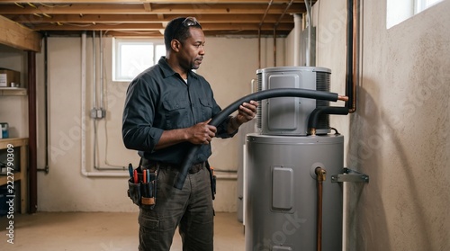 Installer plans pipework for a heat pump water heater