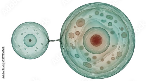 Biological of two connected cells, showing internal organelles and fluid structures on white background