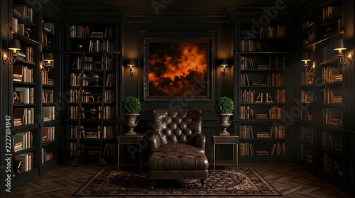 Dark library room with a tufted leather armchair, wooden bookshelves, rolling ladder, and an abstract orange painting