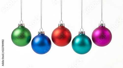 Five decorative christmas baubles in different colors hanging on strings against a plain white background surface