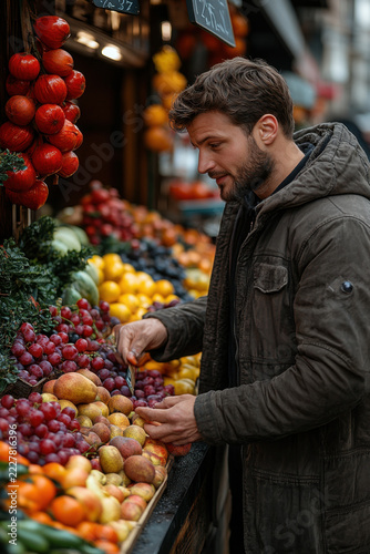 Man standing at fruit stand.