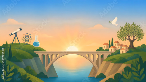 Bridge landscape with telescope atom flask and dove at sunrise for